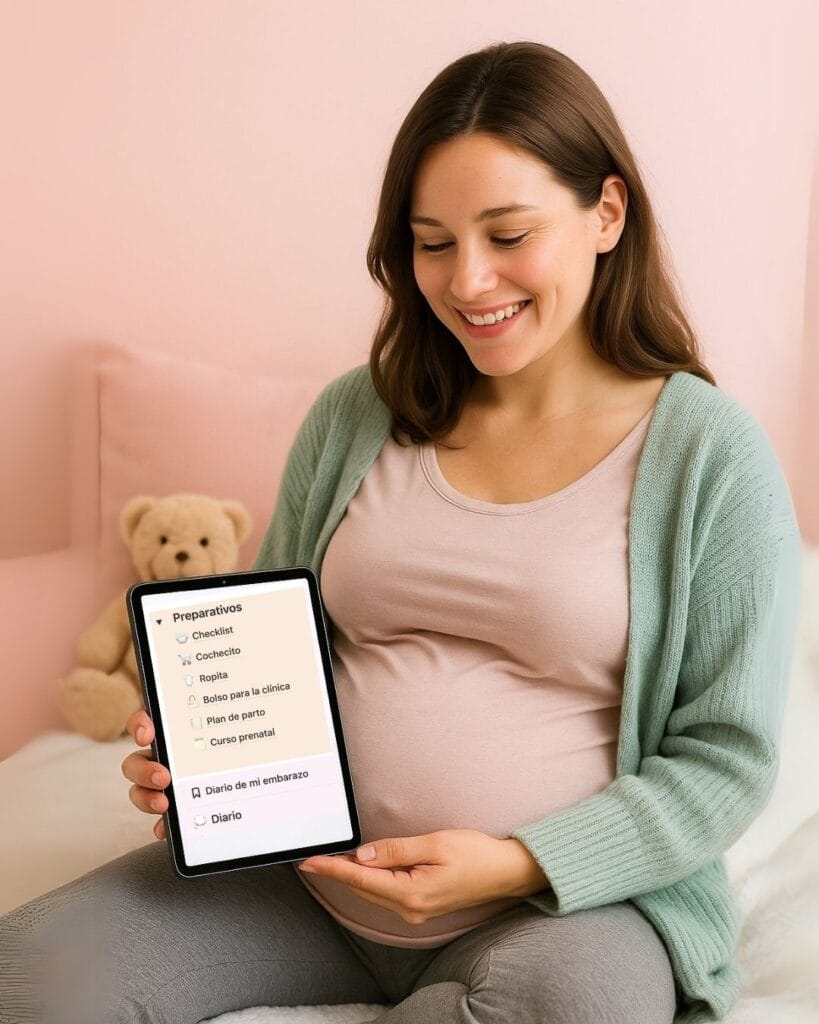 mujer embarzada con tablet